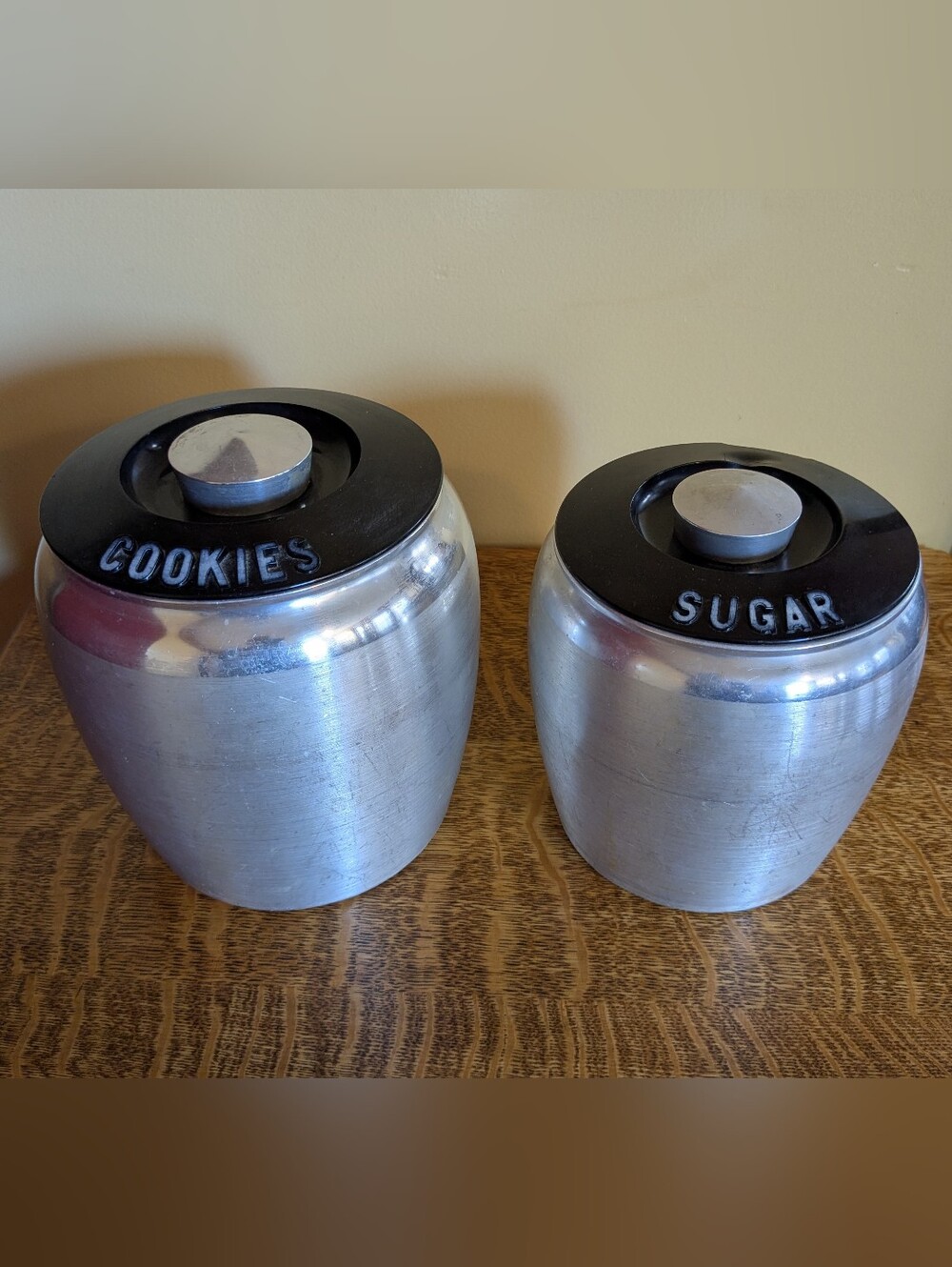 Vintage MCM Kromex Spun Aluminum Canister Set 2 Piece Cookie Sugar Silver Black